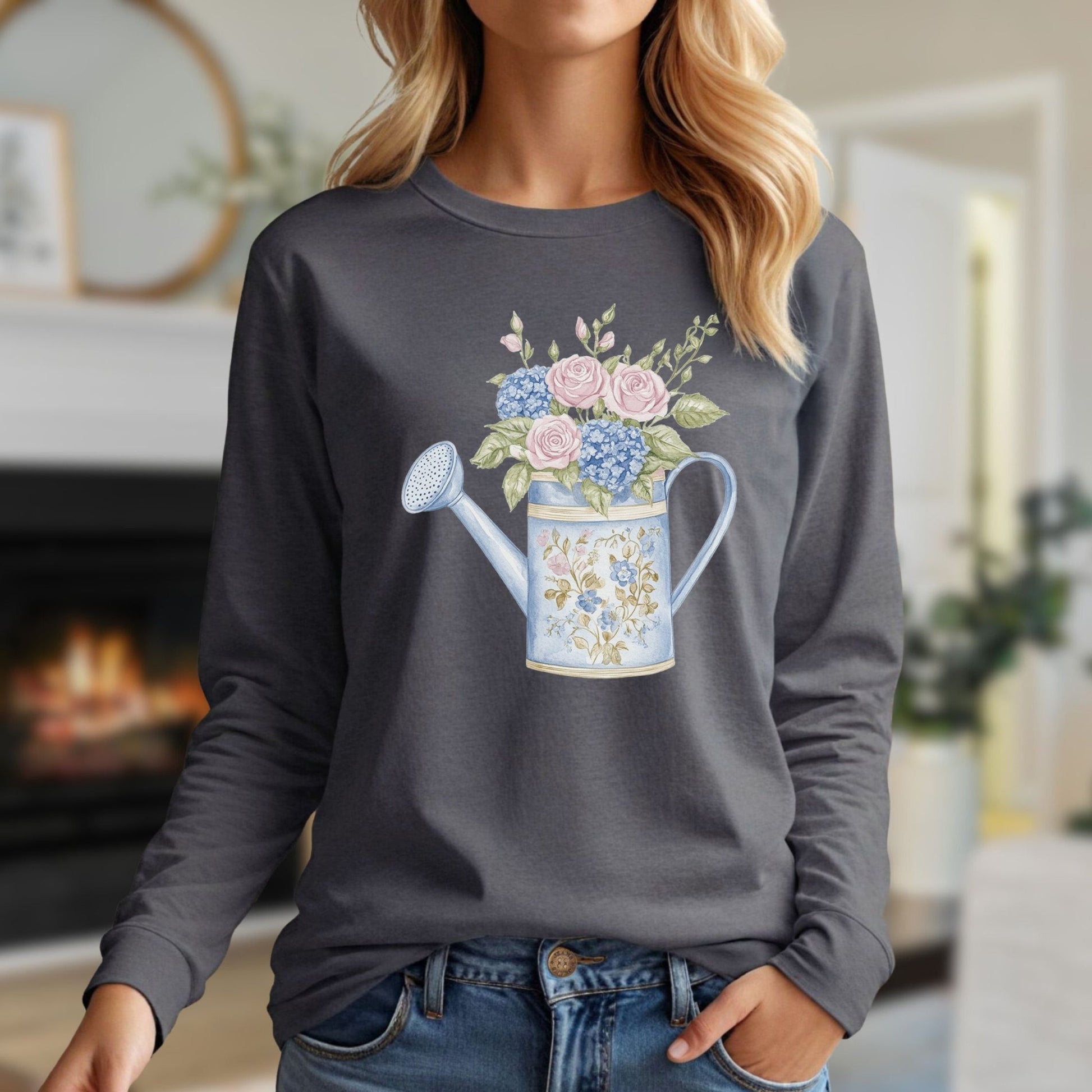 Charcoal long sleeve tee with a watercolor vintage watering can filled with pink roses and blue hydrangeas.