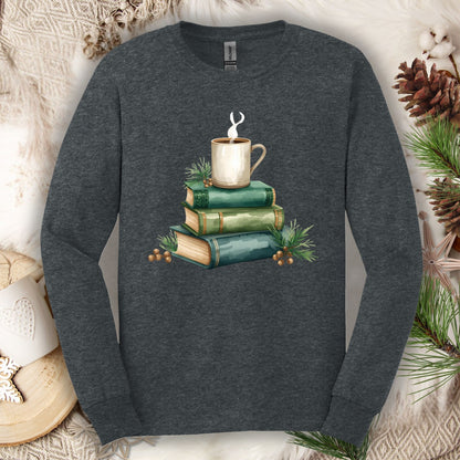 Charcoal long sleeve tee with a vintage green books and coffee watercolor design.