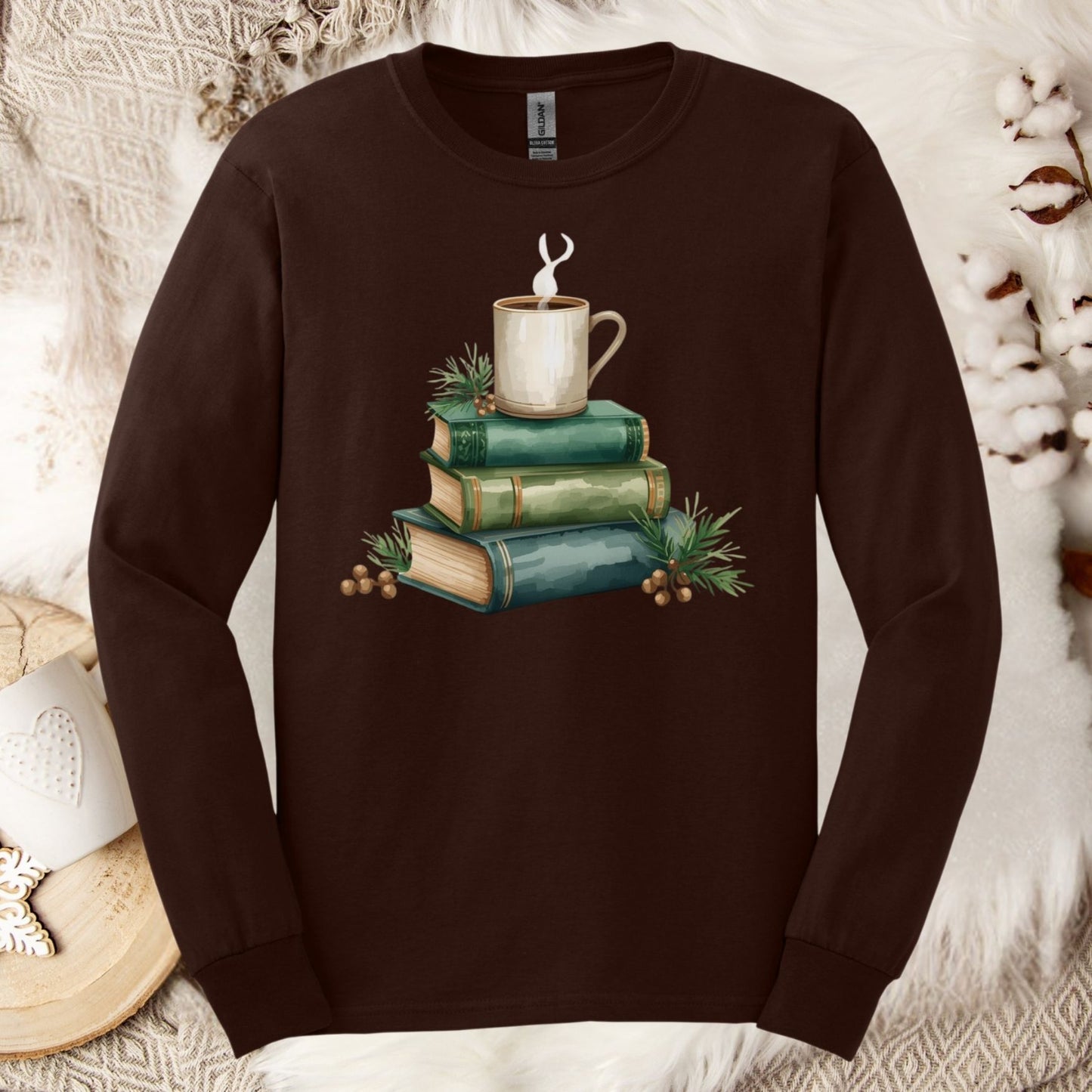 Dark Chocolate S long sleeve tee with a vintage green books and coffee watercolor design.