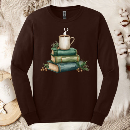 Dark Chocolate S long sleeve tee with a vintage green books and coffee watercolor design.
