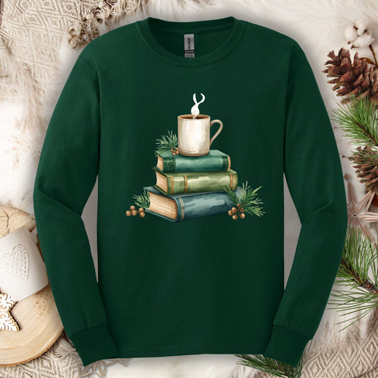 Vintage Green Books and Coffee Long Sleeve Tee