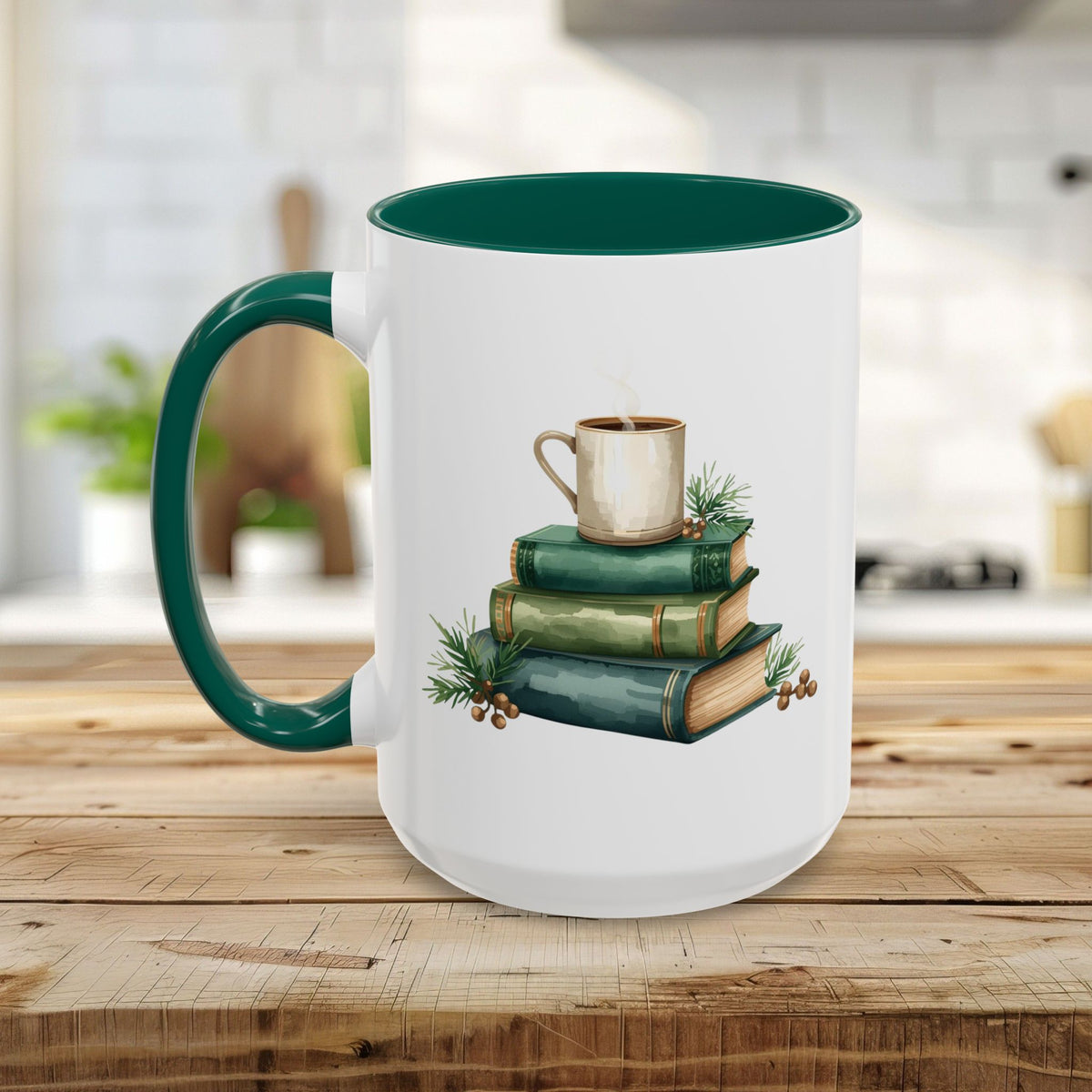 Vintage Green Books and Coffee Mug (11/15oz)