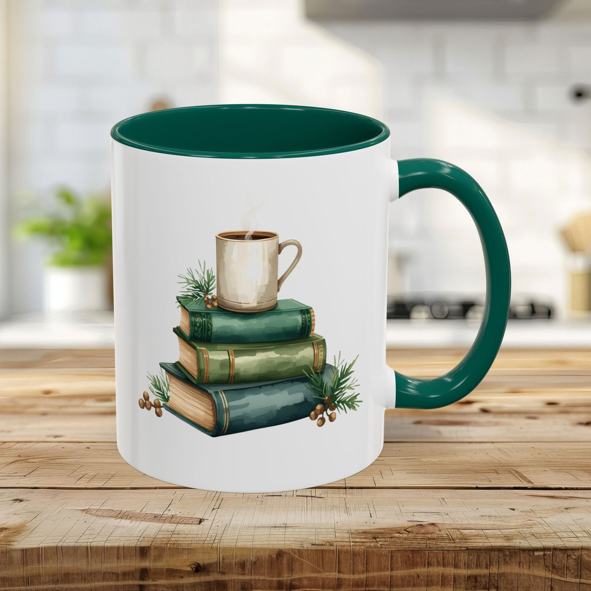 Vintage Green Books and Coffee Mug (11/15oz)