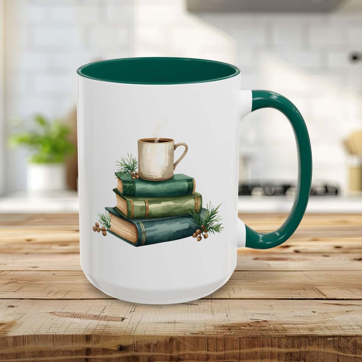 Vintage Green Books and Coffee Mug (11/15oz)