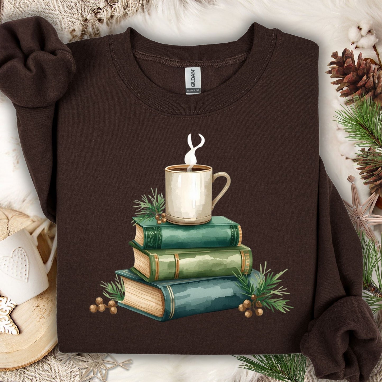 Dark Chocolate Gildan sweatshirt with watercolor vintage green books and coffee cup design.