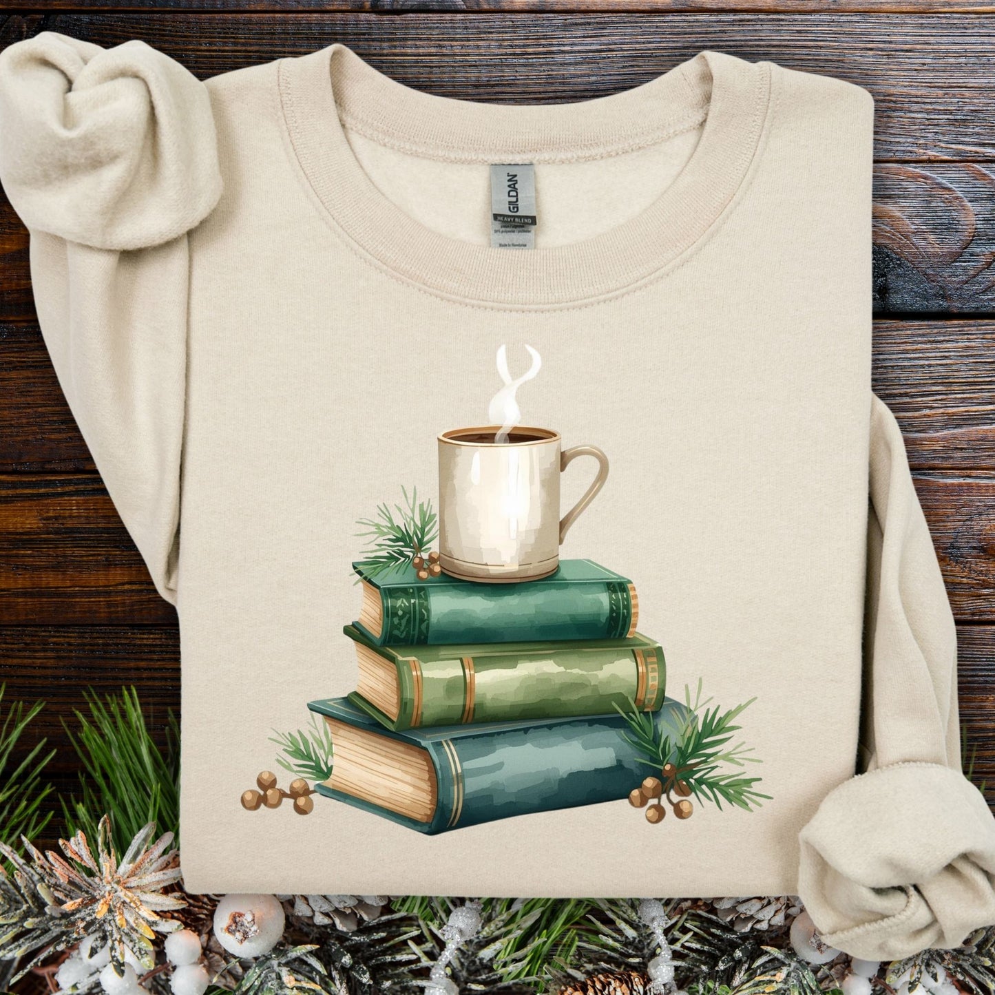 Sand sweatshirt with vintage green books and coffee watercolor design.