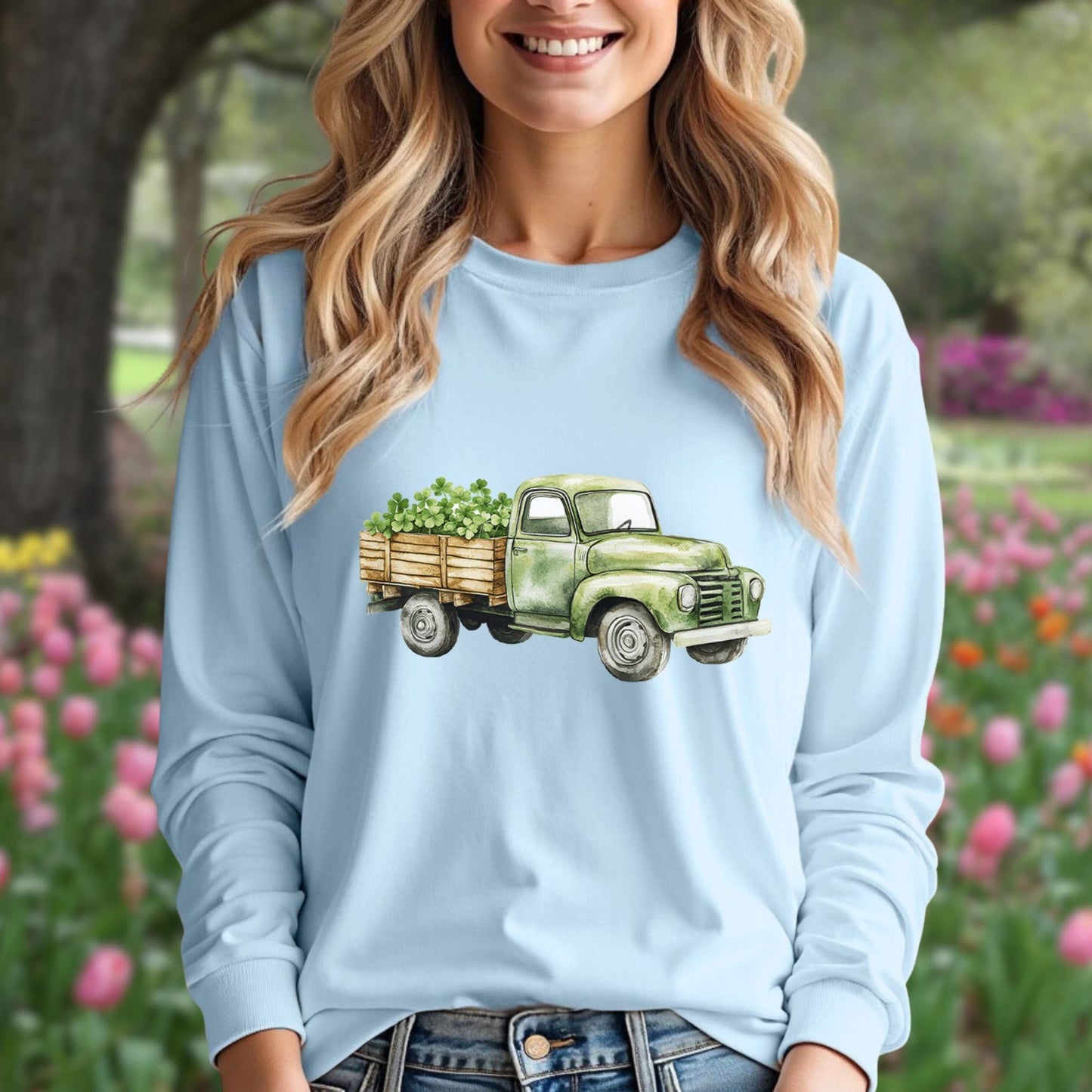 Vintage Green Truck with Irish Clover Long Sleeve Tee