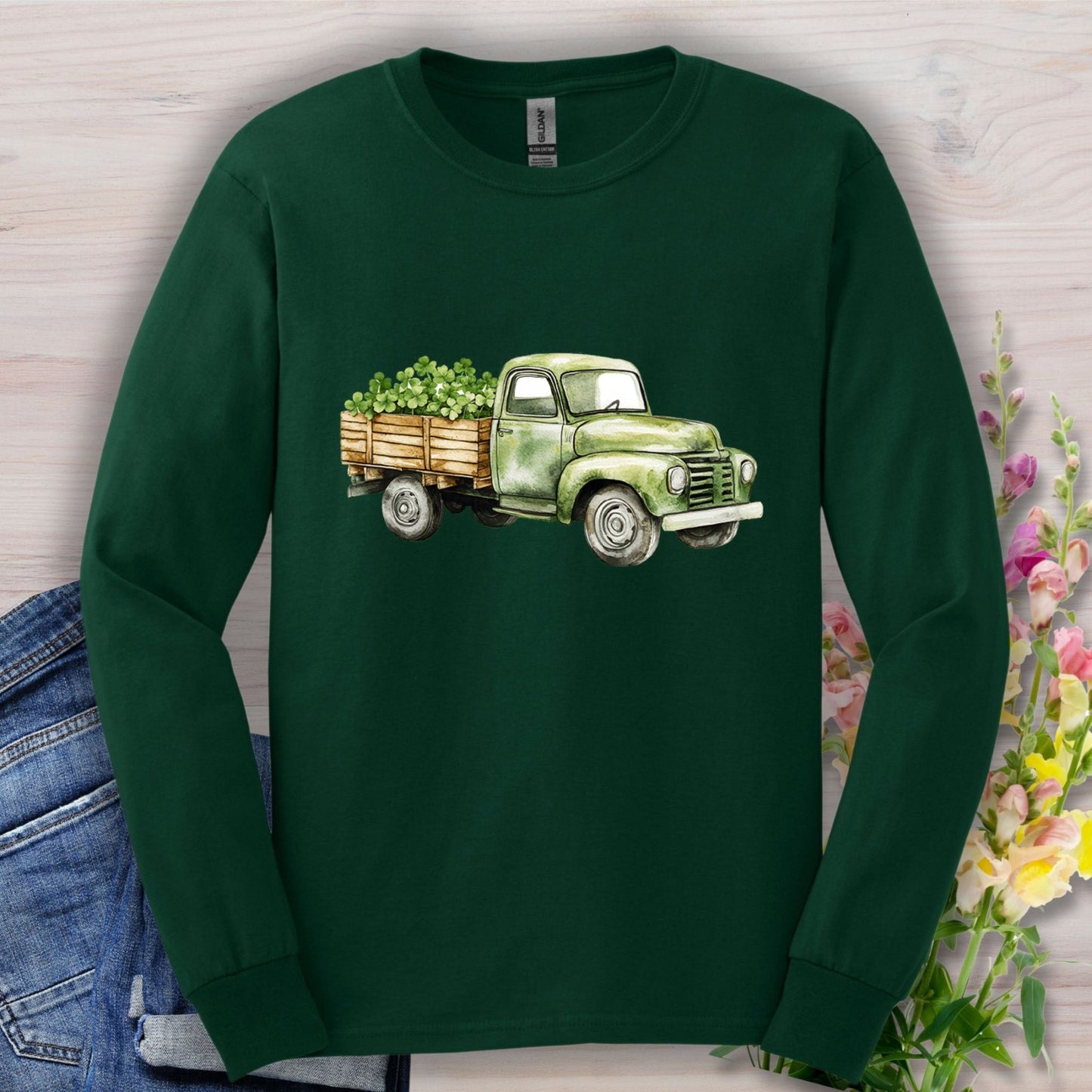 Vintage Green Truck with Irish Clover Long Sleeve Tee