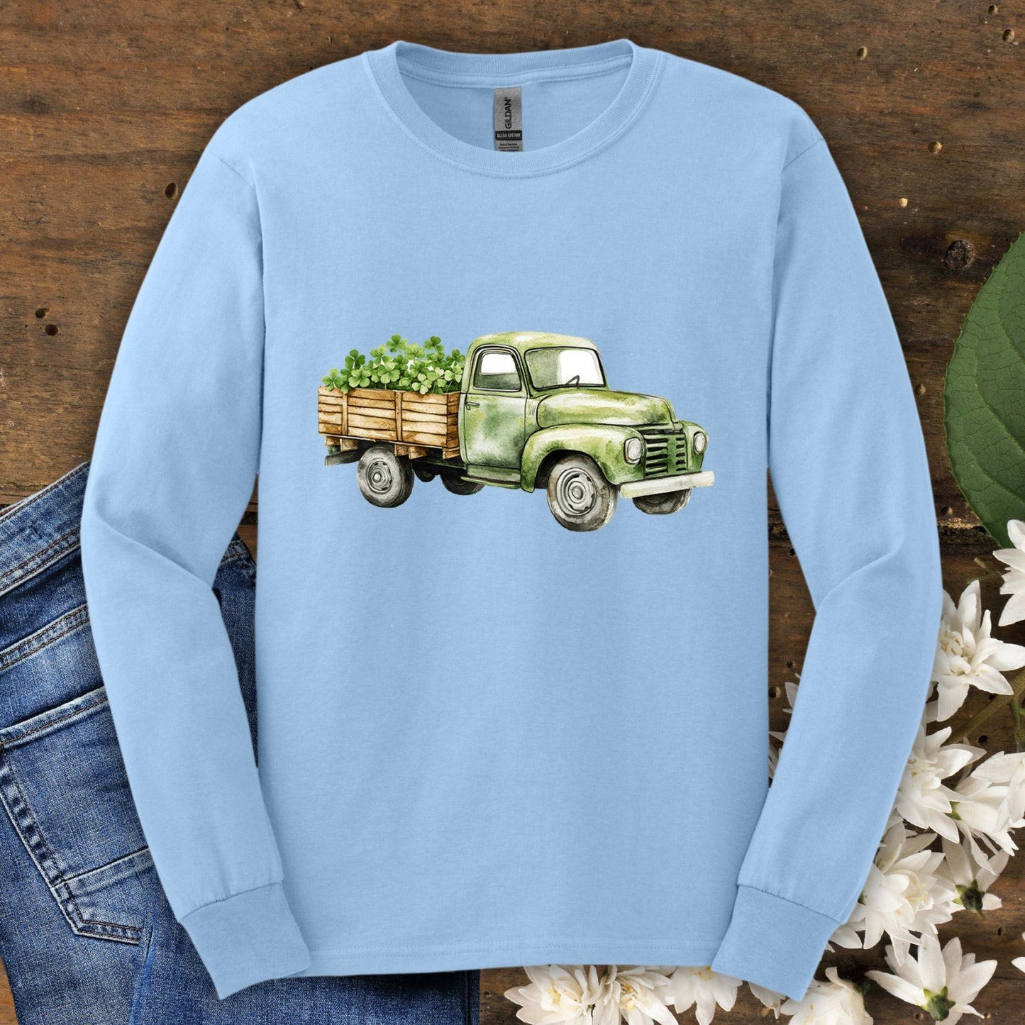 Vintage Green Truck with Irish Clover Long Sleeve Tee