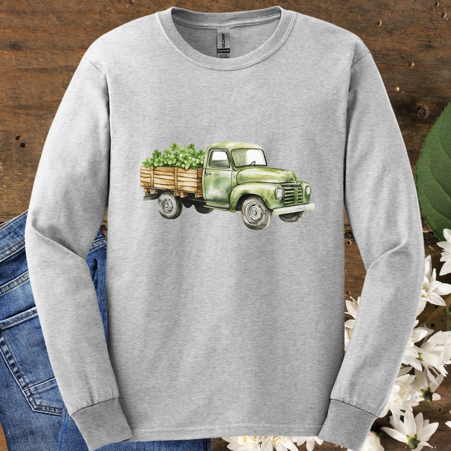 Vintage Green Truck with Irish Clover Long Sleeve Tee
