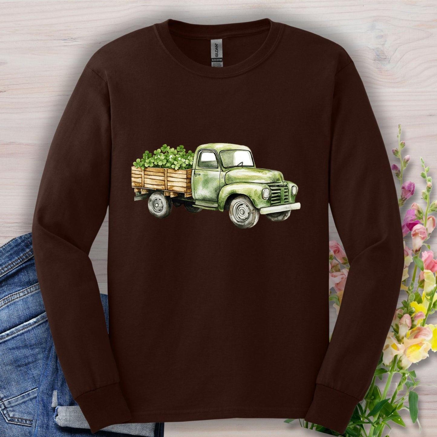 Vintage Green Truck with Irish Clover Long Sleeve Tee