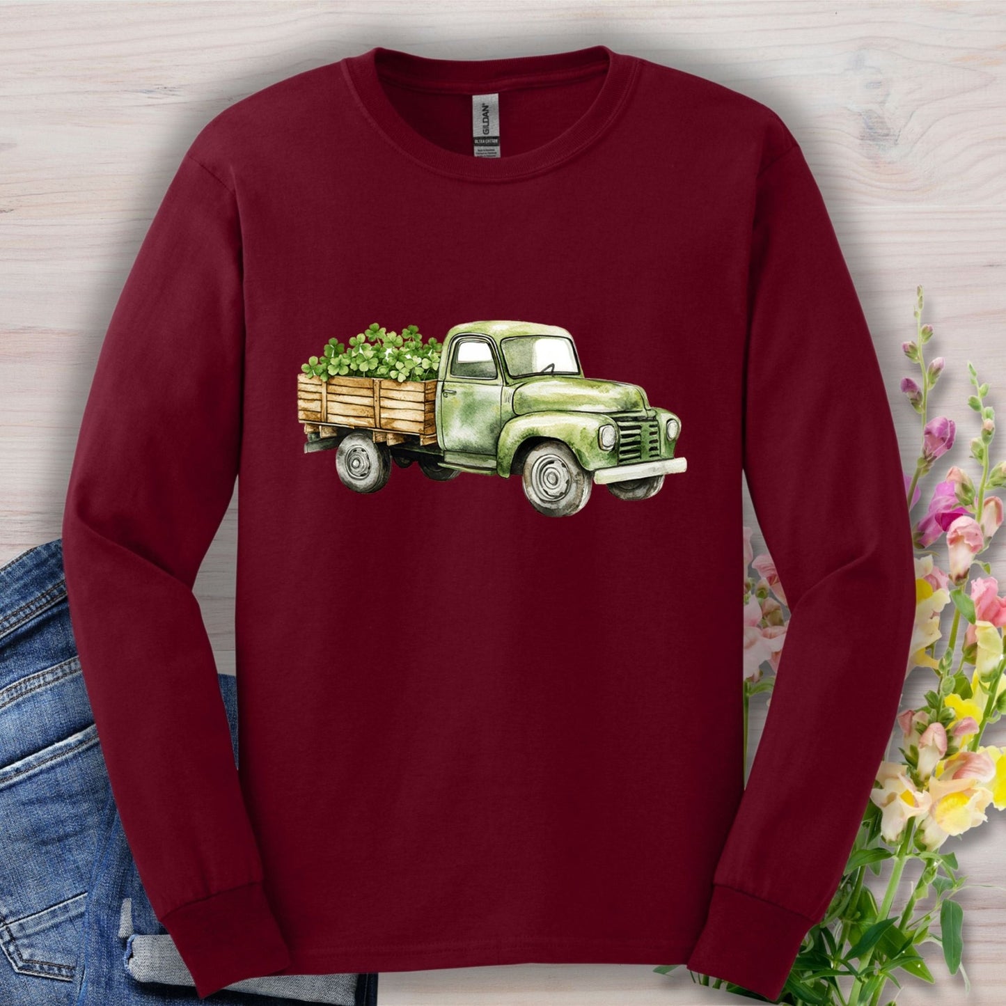 Vintage Green Truck with Irish Clover Long Sleeve Tee