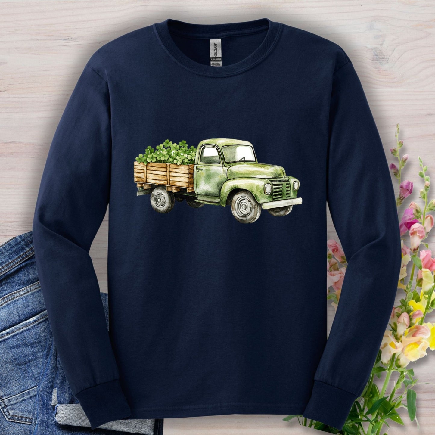 Vintage Green Truck with Irish Clover Long Sleeve Tee