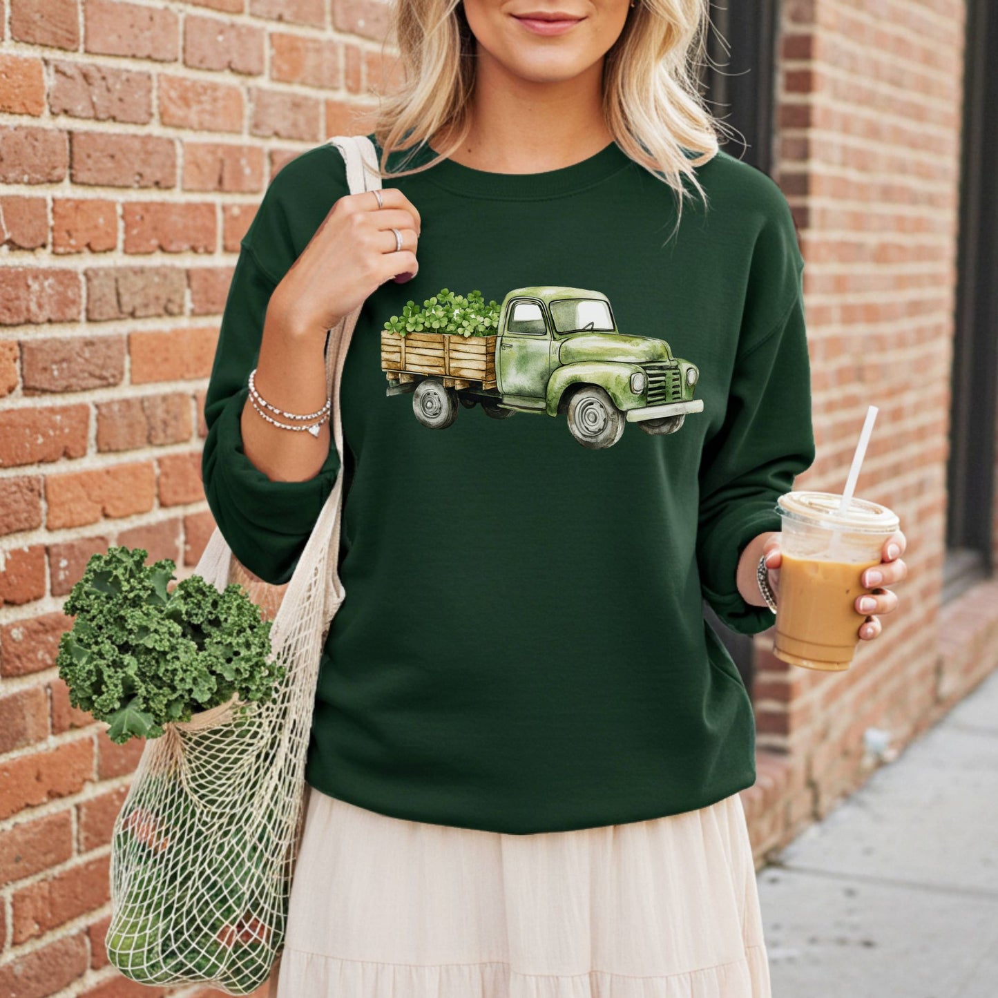 Vintage Green Truck with Irish Clover Sweatshirt