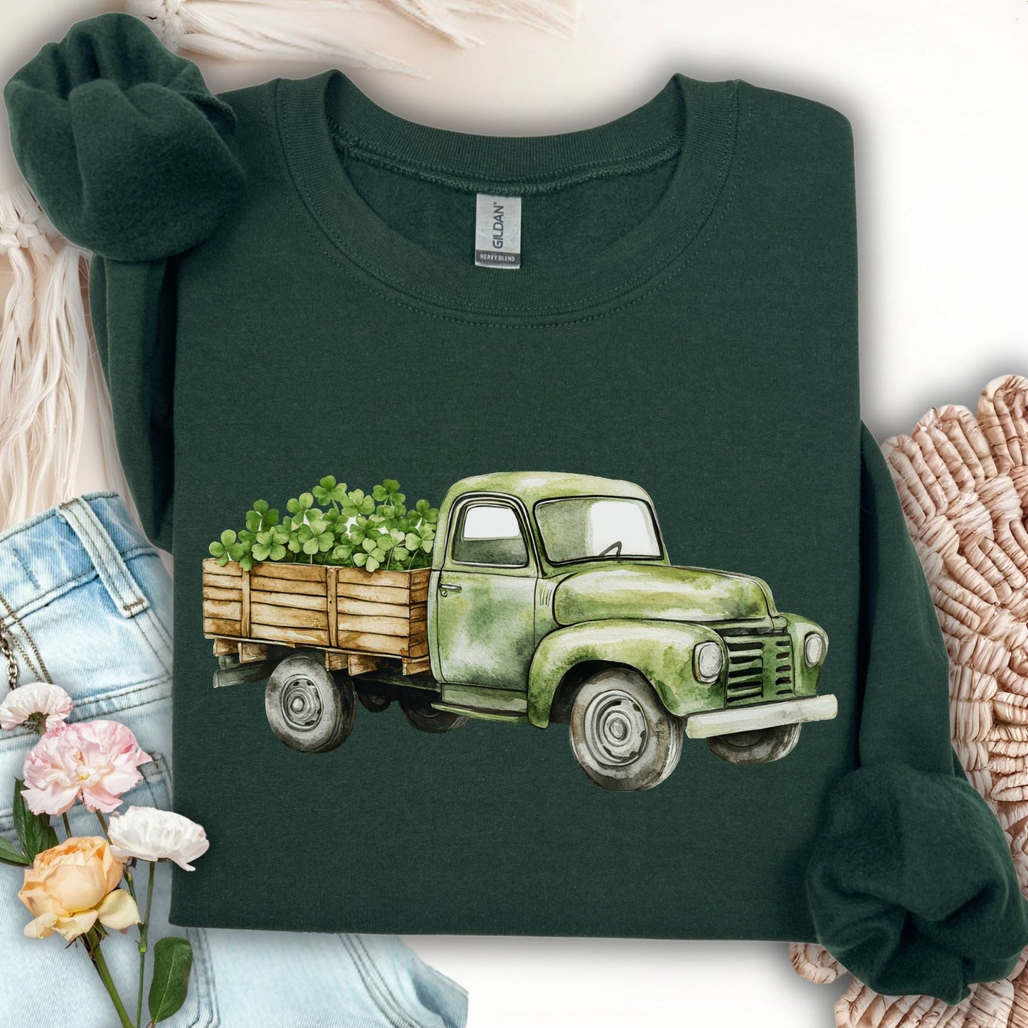Vintage Green Truck with Irish Clover Sweatshirt