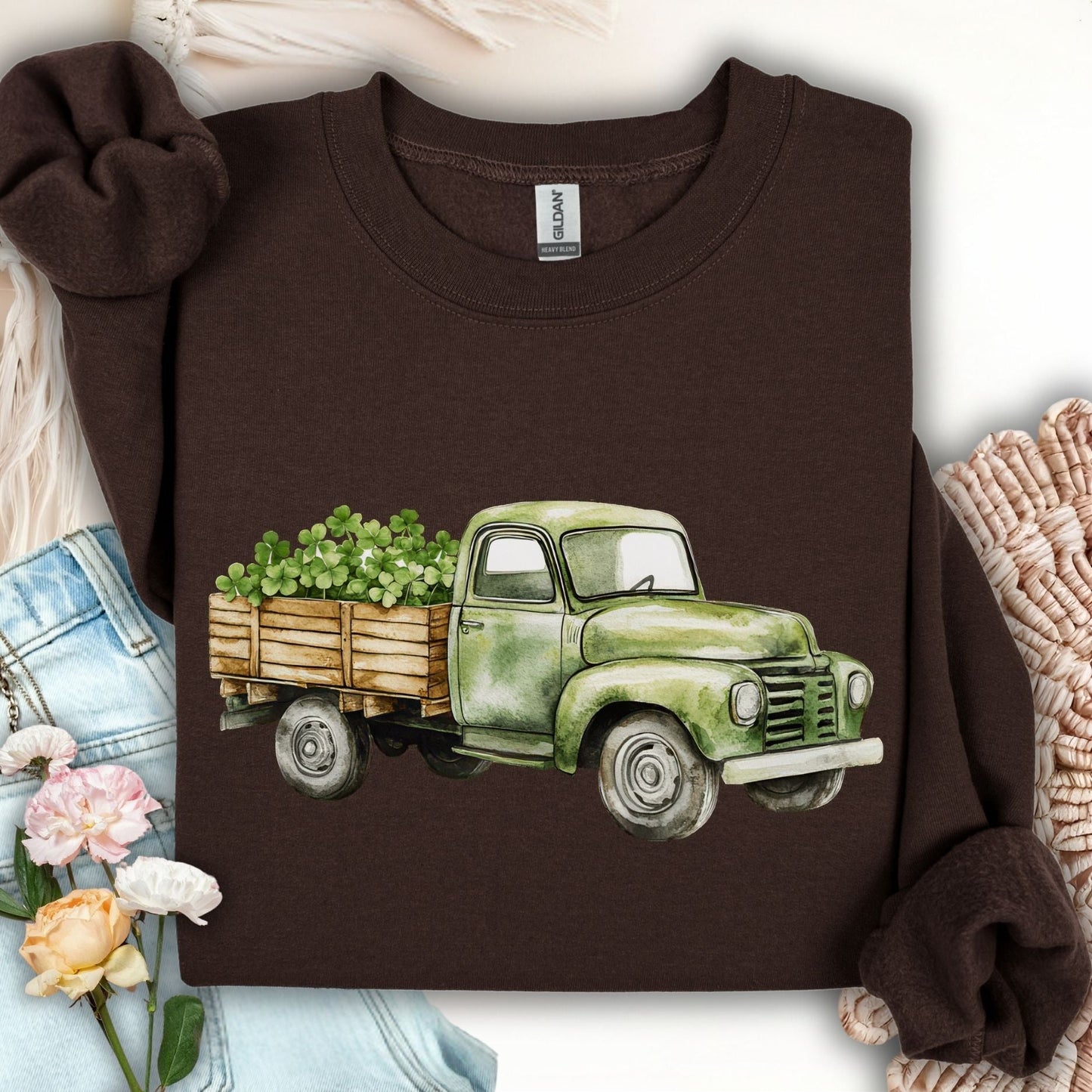 Vintage Green Truck with Irish Clover Sweatshirt
