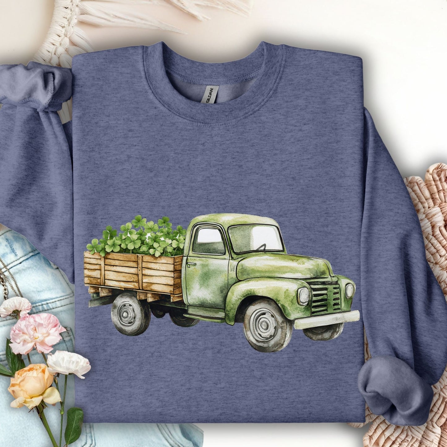 Vintage Green Truck with Irish Clover Sweatshirt