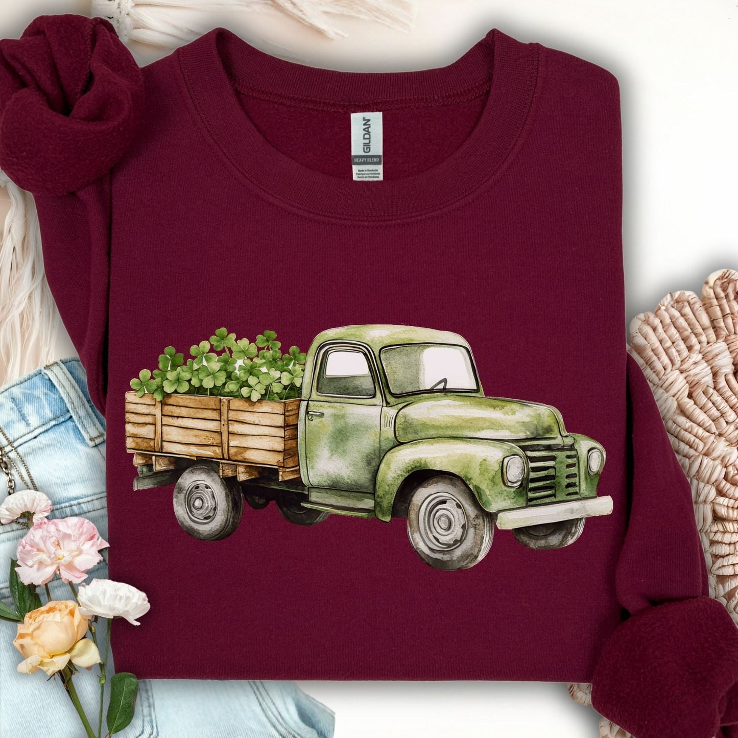 Vintage Green Truck with Irish Clover Sweatshirt