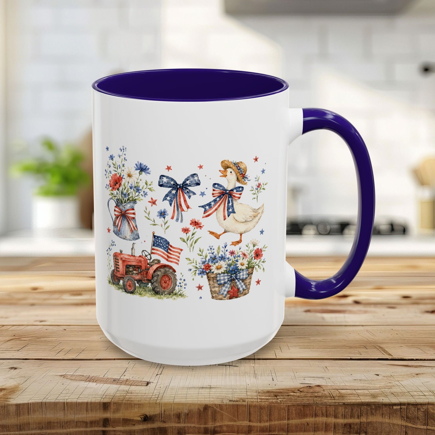 15oz ceramic mug with blue handle/interior, featuring a vintage patriotic farmhouse design with a goose, tractor, and wildflowers.