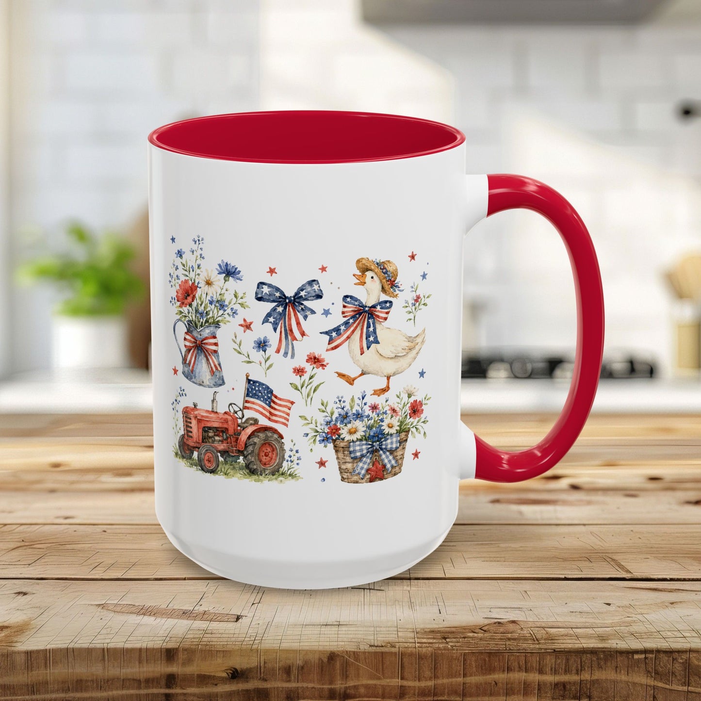 15oz white ceramic mug with red handle/interior, featuring a patriotic farmhouse goose, tractor, and floral design.