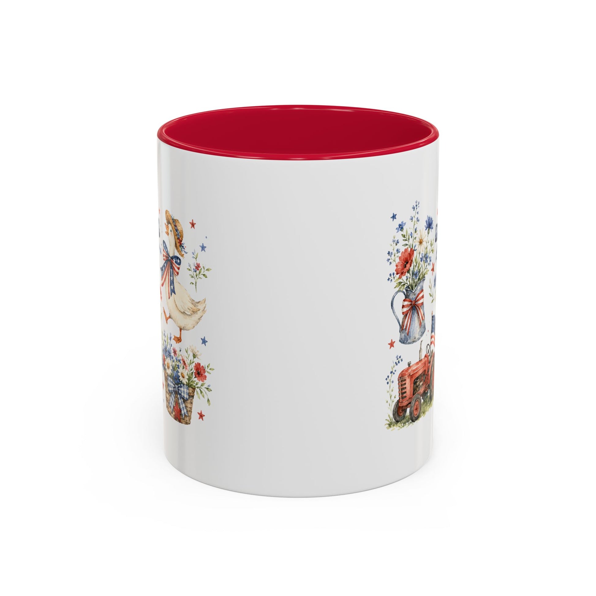 White ceramic mug with red interior and handle, featuring a vintage patriotic goose and tractor design.