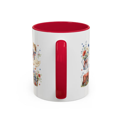 White ceramic mug with red handle and interior, featuring a vintage patriotic farmhouse goose and tractor design.