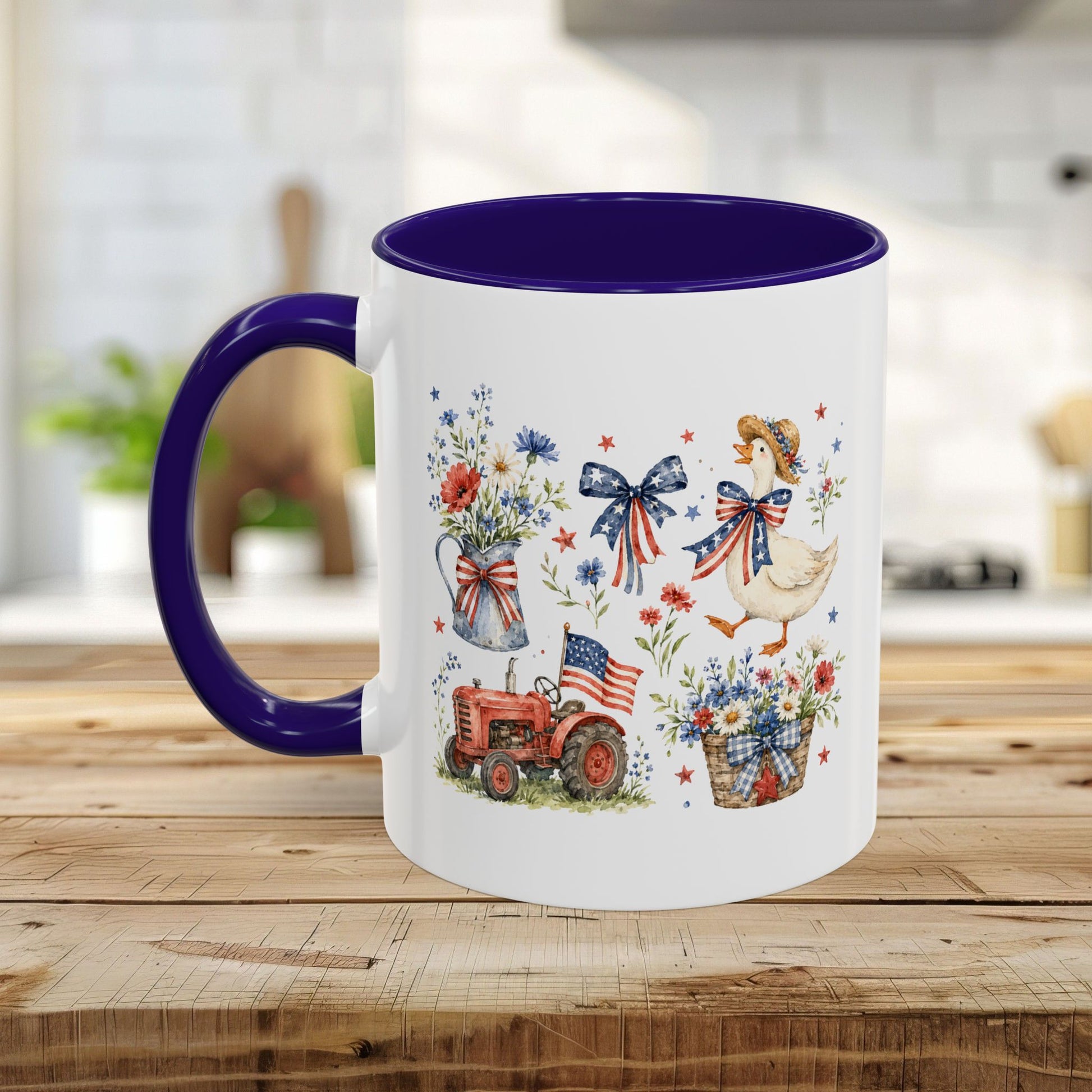 White ceramic mug with purple handle and interior, featuring a patriotic farmhouse design with a goose, tractor, and wildflowers.
