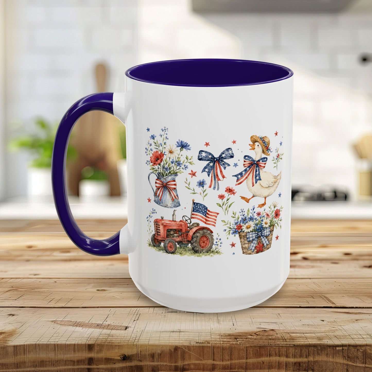 White ceramic mug with a purple handle and interior, featuring a patriotic farmhouse design with a goose, tractor, and wildflowers.