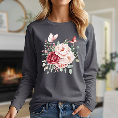 Vintage Peonies & Butterflies Bouquet Long Sleeve Tee