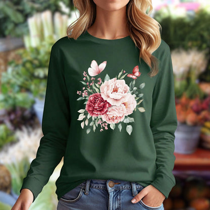 Vintage Peonies & Butterflies Bouquet Long Sleeve Tee