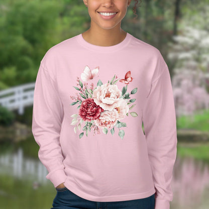 Vintage Peonies & Butterflies Bouquet Long Sleeve Tee