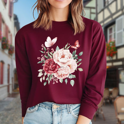 Vintage Peonies & Butterflies Bouquet Long Sleeve Tee