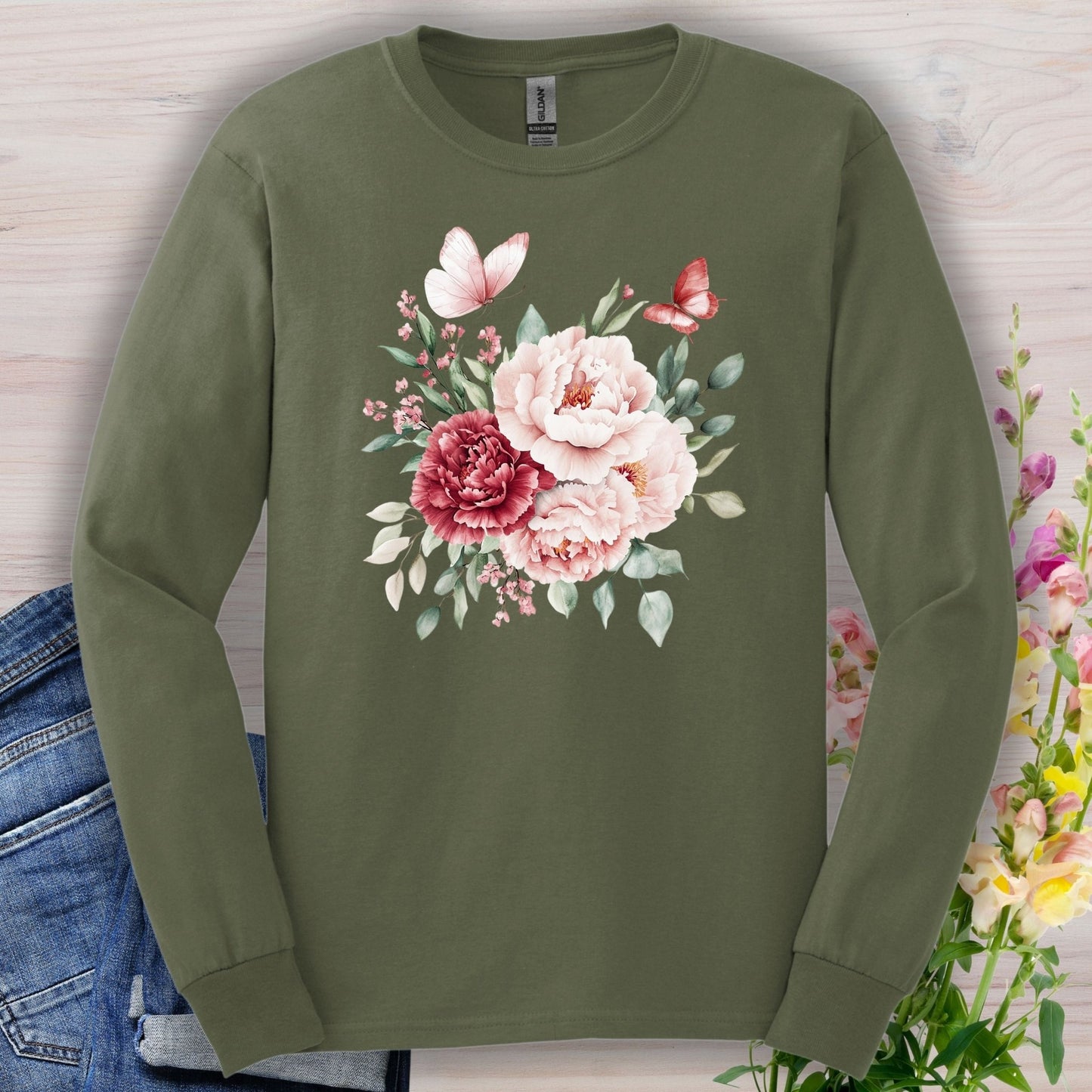Vintage Peonies & Butterflies Bouquet Long Sleeve Tee