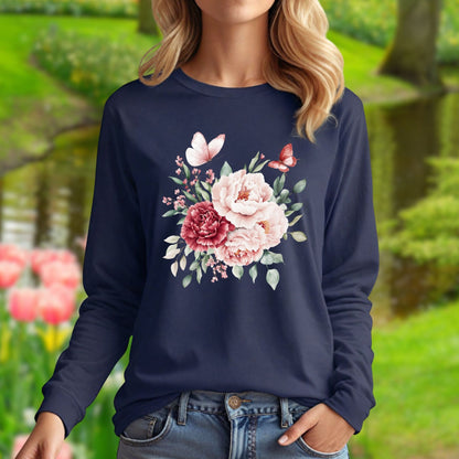 Vintage Peonies & Butterflies Bouquet Long Sleeve Tee