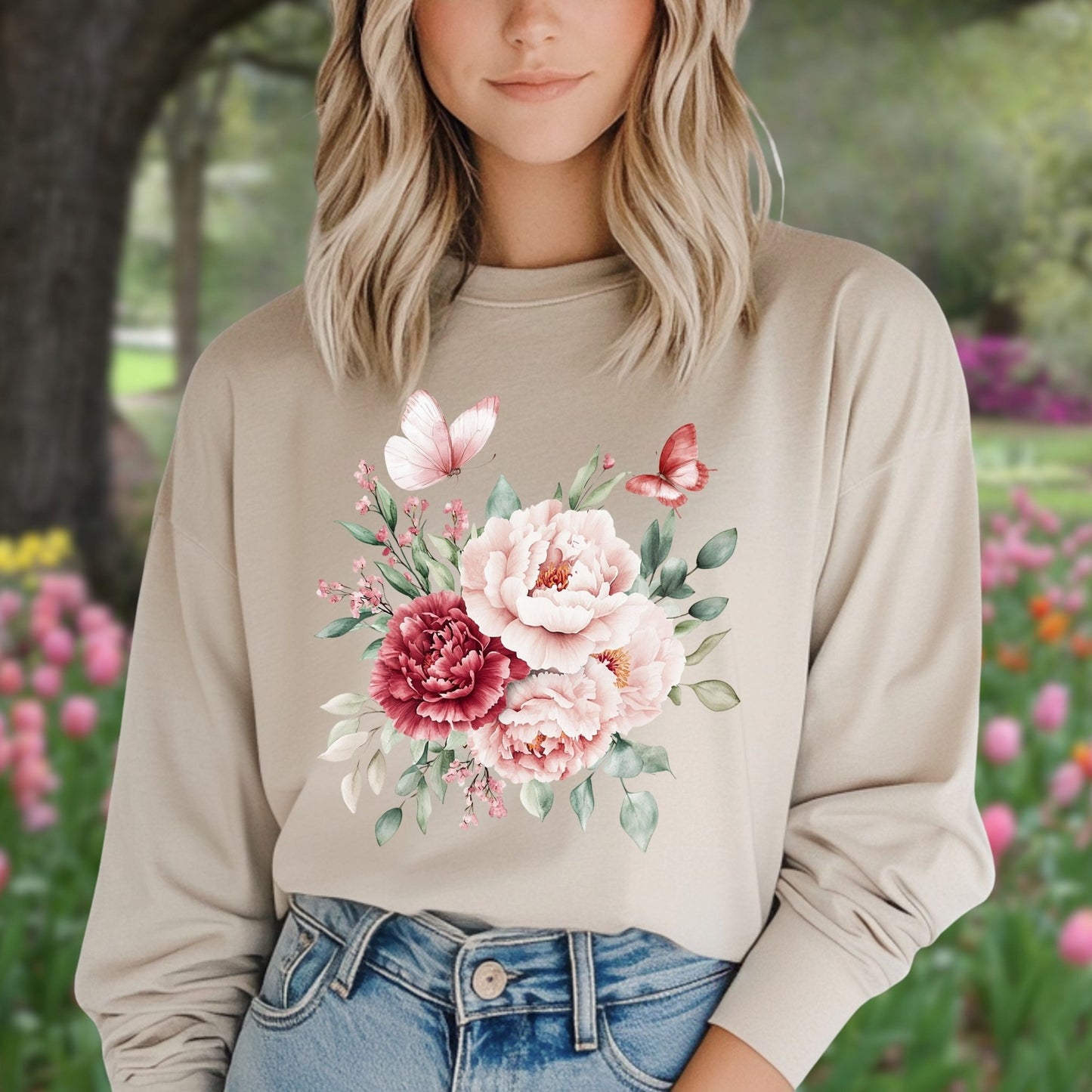 Vintage Peonies & Butterflies Bouquet Long Sleeve Tee