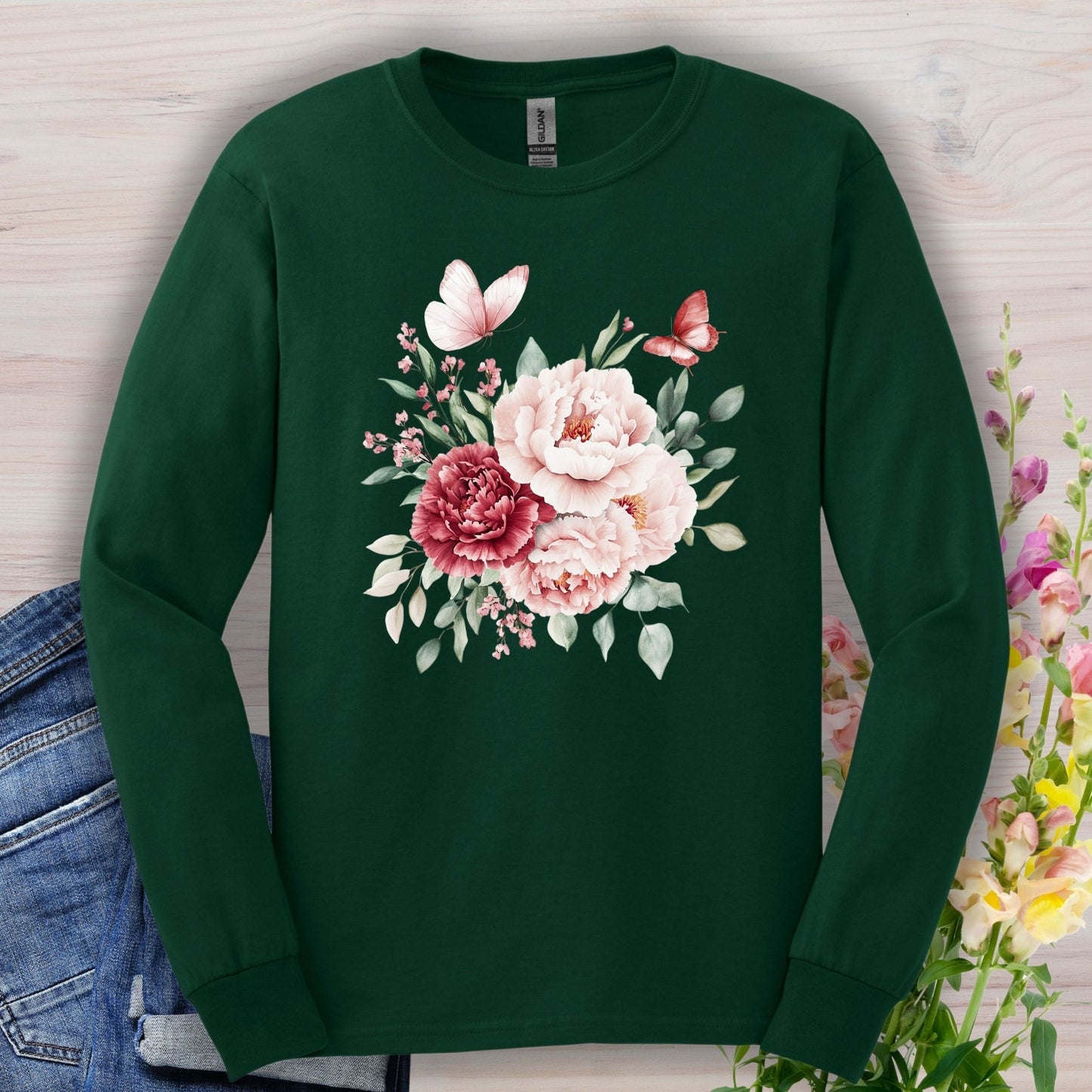 Vintage Peonies & Butterflies Bouquet Long Sleeve Tee