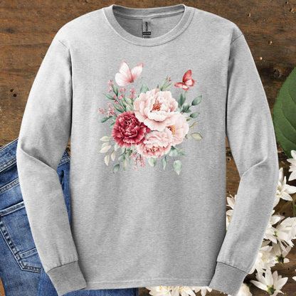 Vintage Peonies & Butterflies Bouquet Long Sleeve Tee