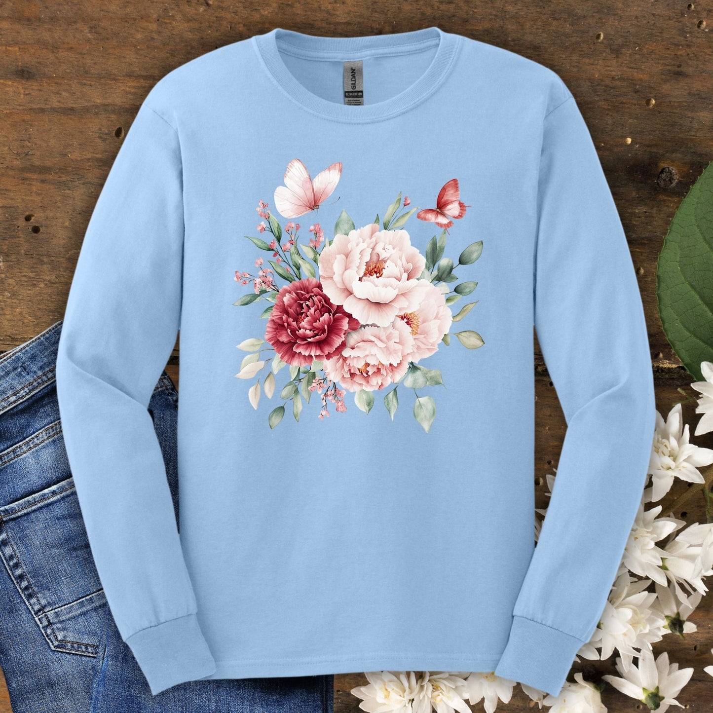Vintage Peonies & Butterflies Bouquet Long Sleeve Tee