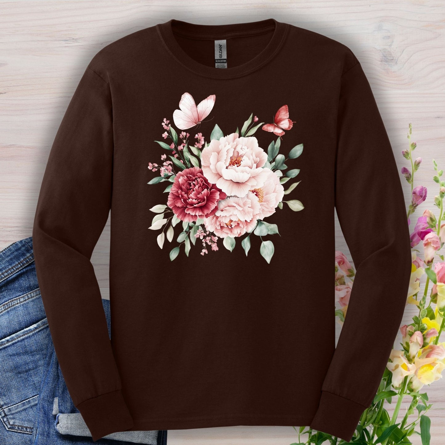 Vintage Peonies & Butterflies Bouquet Long Sleeve Tee