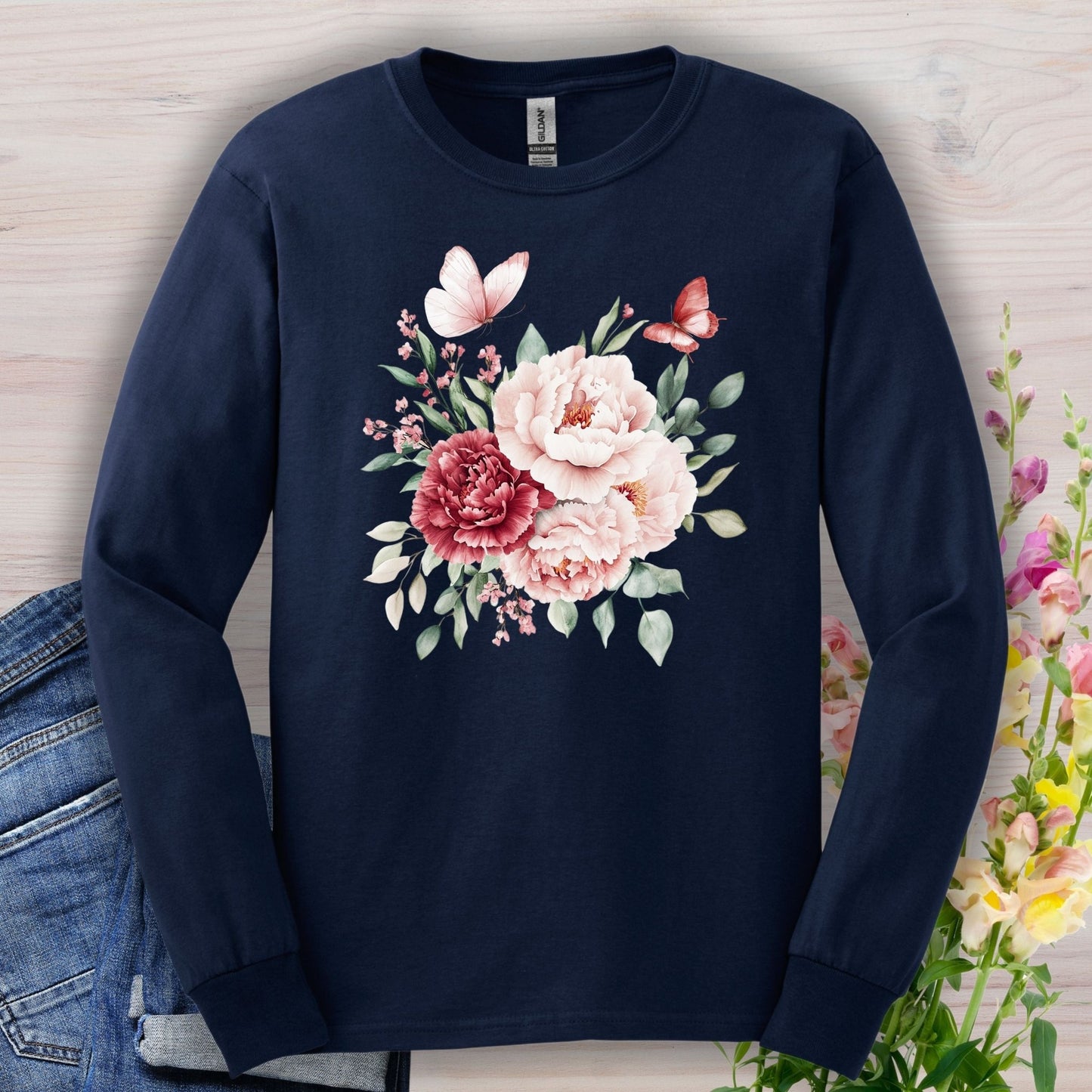 Vintage Peonies & Butterflies Bouquet Long Sleeve Tee