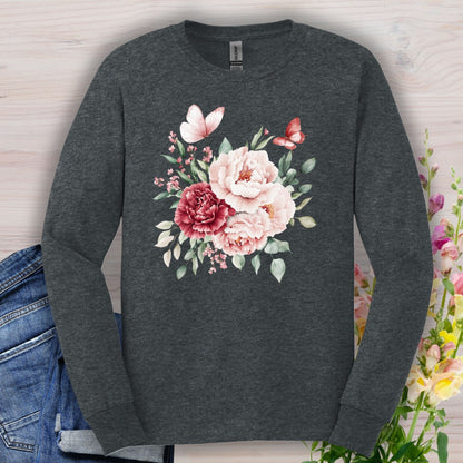 Vintage Peonies & Butterflies Bouquet Long Sleeve Tee