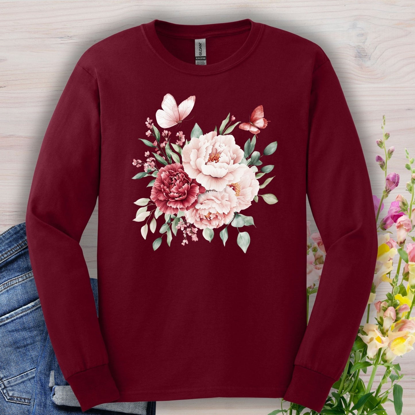 Vintage Peonies & Butterflies Bouquet Long Sleeve Tee
