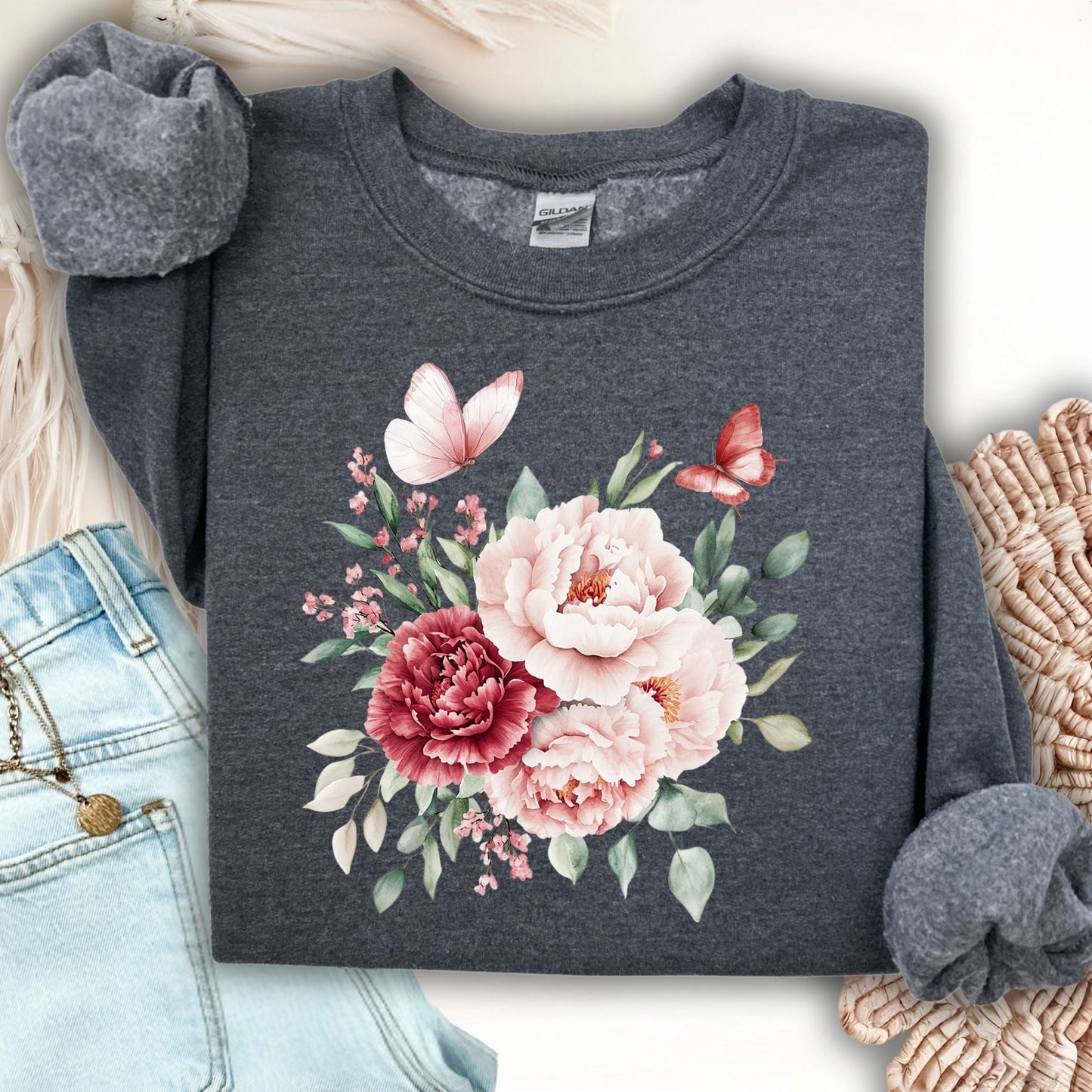 Vintage Peonies & Butterflies Bouquet Sweatshirts
