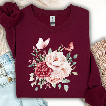 Vintage Peonies & Butterflies Bouquet Sweatshirts