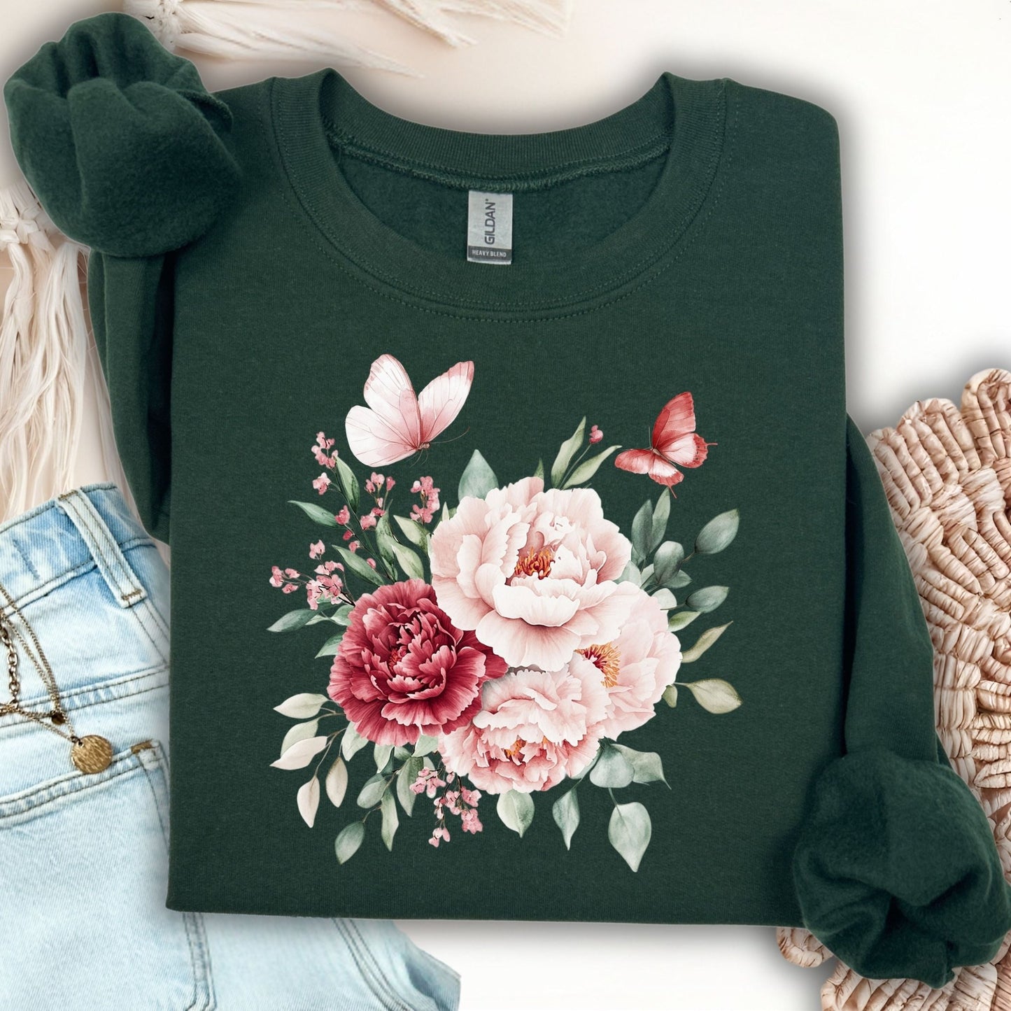 Vintage Peonies & Butterflies Bouquet Sweatshirts
