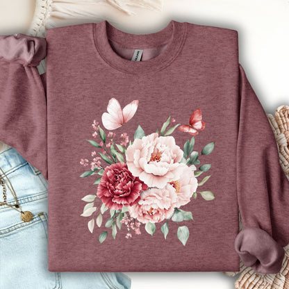 Vintage Peonies & Butterflies Bouquet Sweatshirts