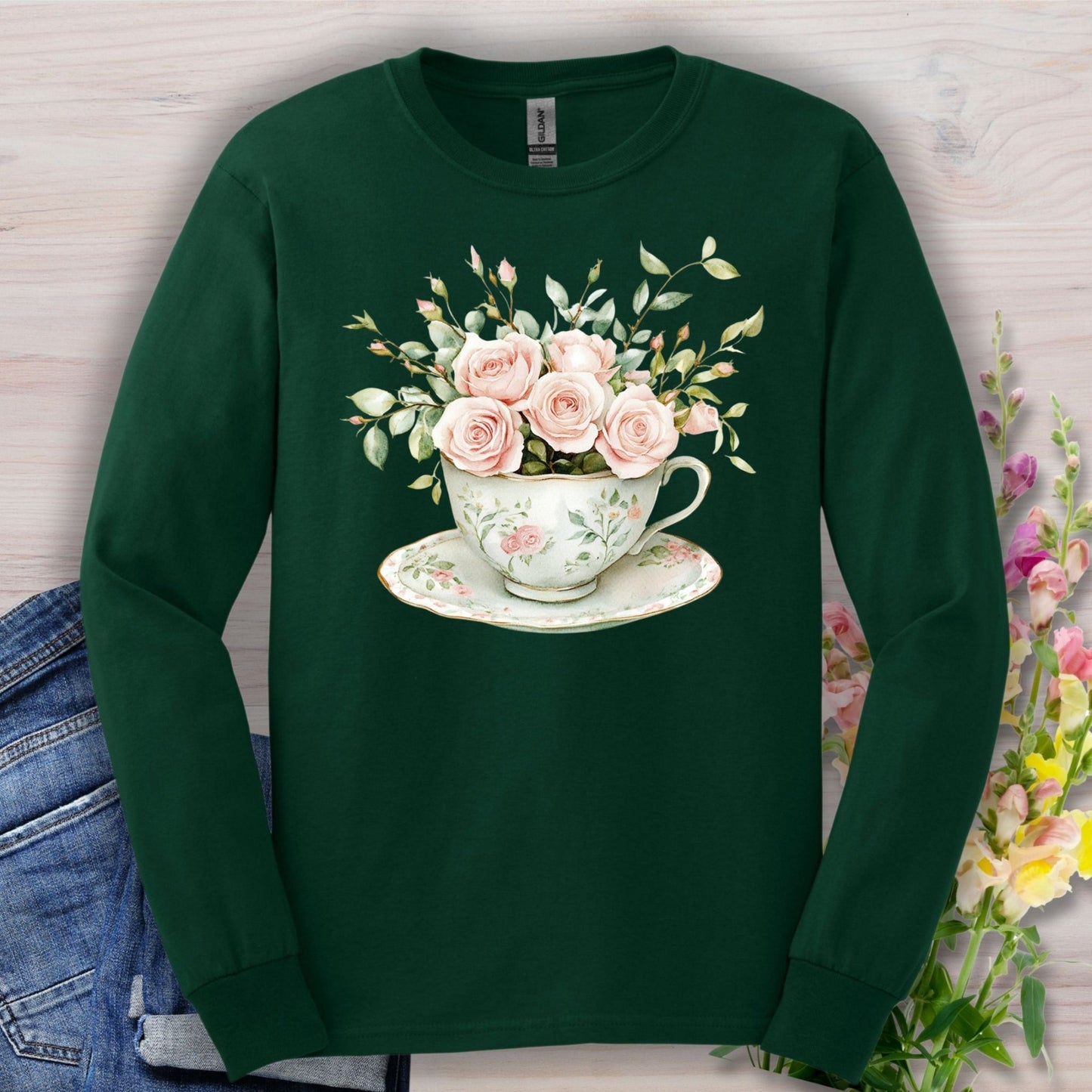 Vintage Rose Bouquet Teacup Long Sleeve Tee
