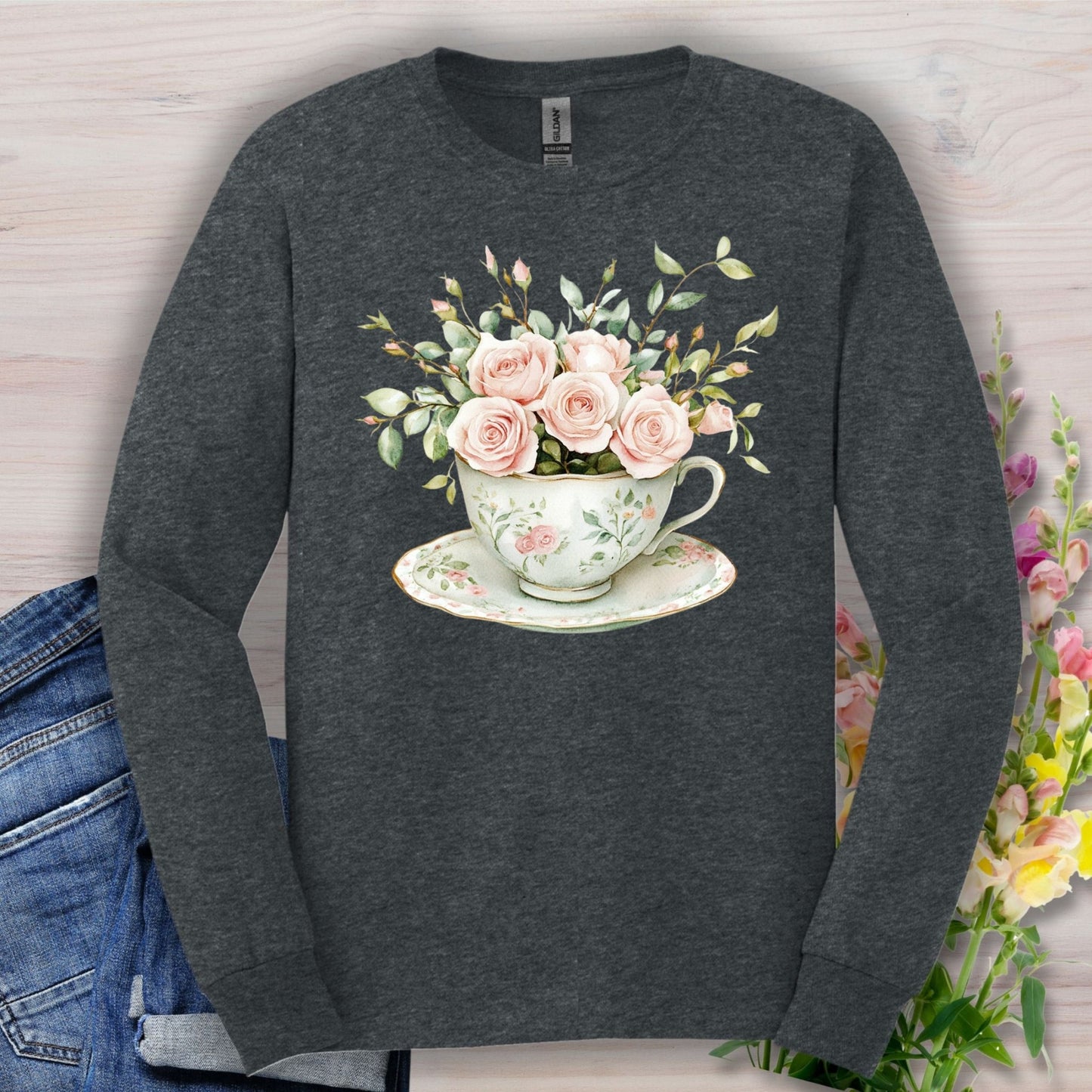 Vintage Rose Bouquet Teacup Long Sleeve Tee