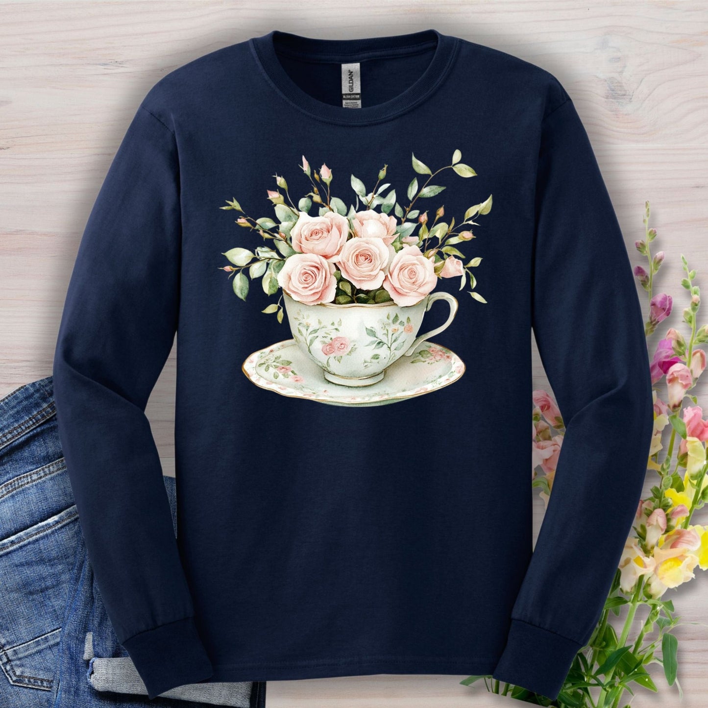 Vintage Rose Bouquet Teacup Long Sleeve Tee