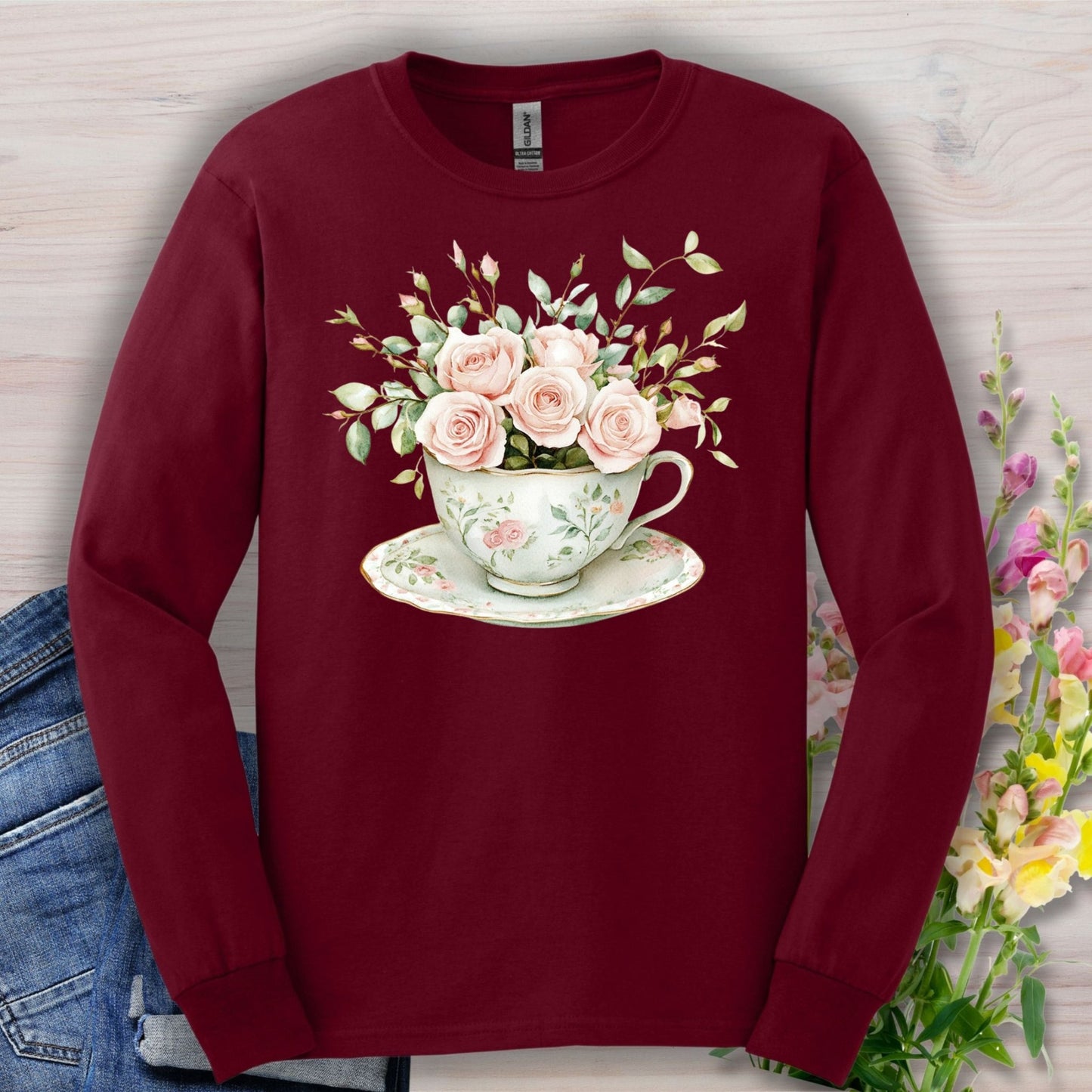 Vintage Rose Bouquet Teacup Long Sleeve Tee